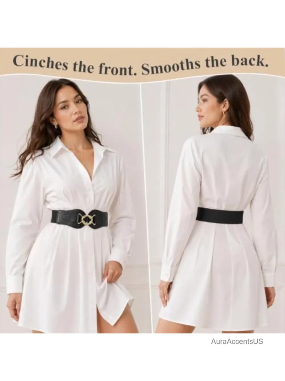 Wide Waist Belt Stretchy Woven Elastic Belt Gold-Tone Interlocking Buckle for